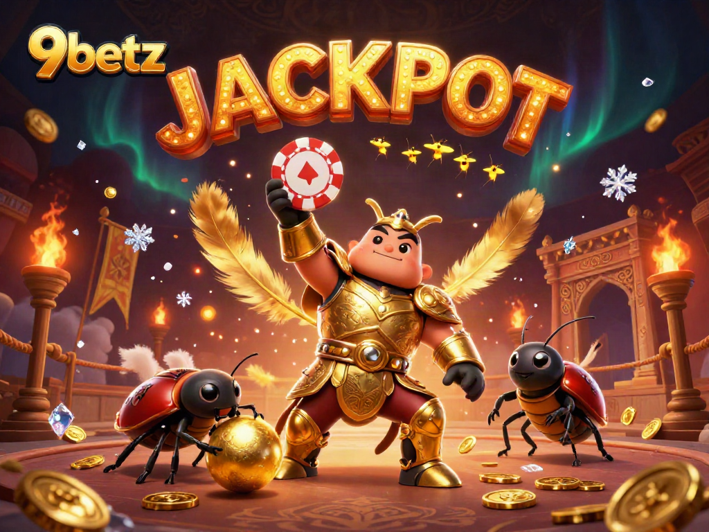 Experience a thrilling gambling adventure with 9betz, featuring a victorious beetle hero and dazzling jackpot celebration.