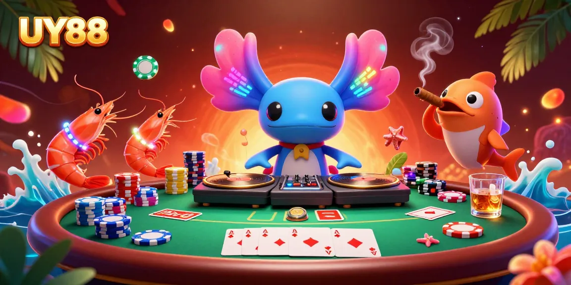 Experience the UY88 vibrant casino scene with dynamic 3D characters and gambling elements.