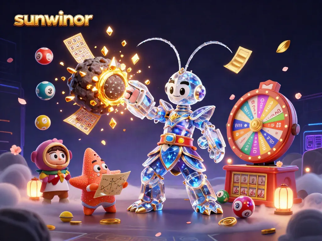 Experience thrilling wins with sunwinor as animated characters punch through asteroids spilling gems and lottery balls.