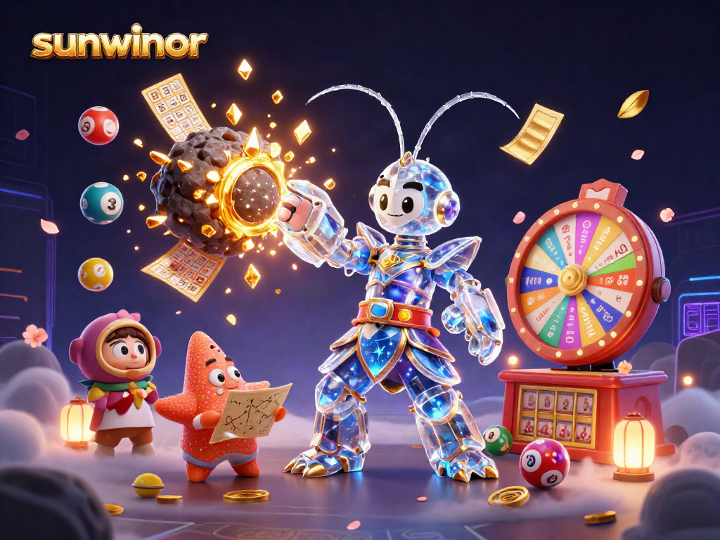 Experience thrilling wins with sunwinor as animated characters punch through asteroids spilling gems and lottery balls.