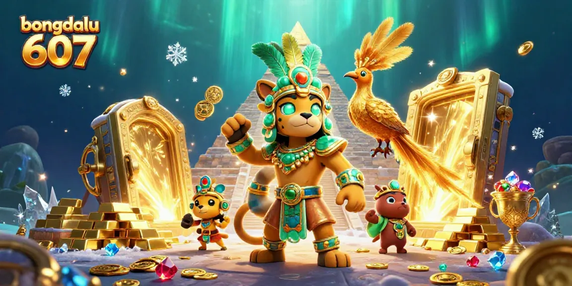 Engage with bongdalu 607's vibrant 3D art showcasing a Mayan jaguar priest, treasure, and sports betting excitement.