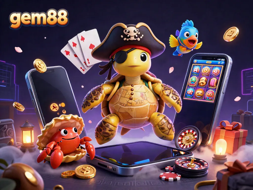 Spin to win at gem88 with a lively pirate turtle, hermit crab, and parrotfish, surrounded by treasures.