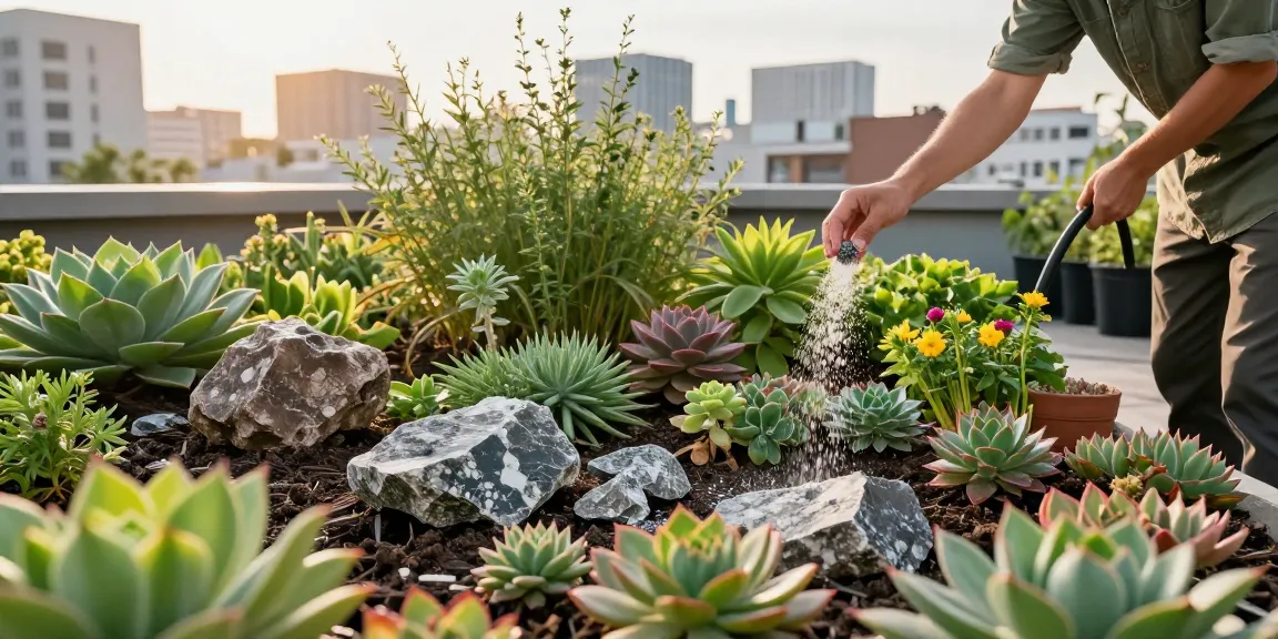 Tuinier die olivijn op planten in een groene daktuin aanbrengt.