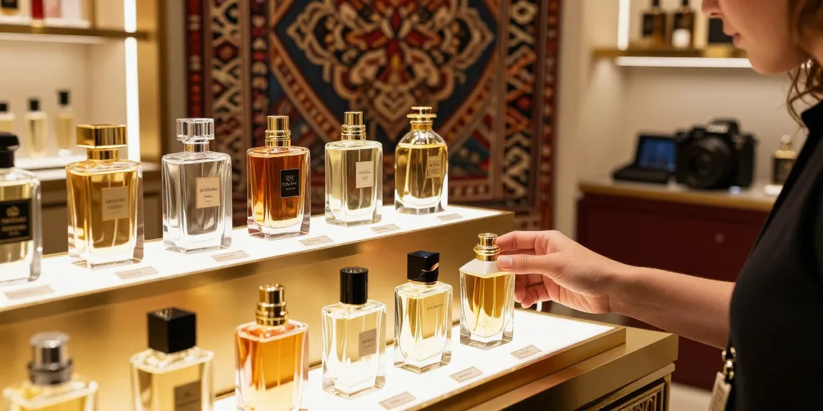Een luxe parfum uit Dubai selectie in een boutique met warme verlichting en prachtige geuren.