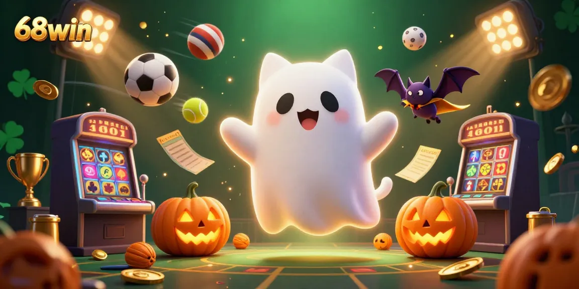 Engage with thrilling gaming at 68win, featuring a ghost cat and vampire bat in a haunted casino.