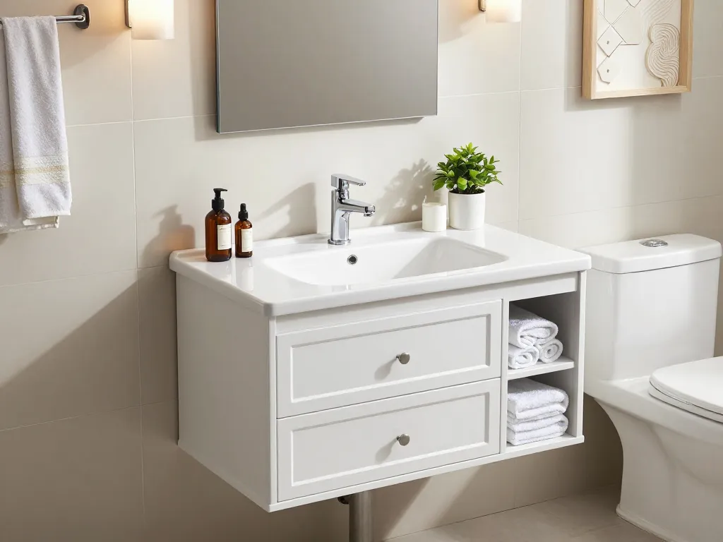 Stijlvol wastafelmeubel van 50 cm breed in een moderne badkameropstelling, met georganiseerde opslag en elegante accessoires.