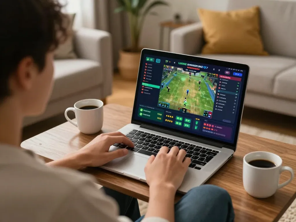 Engaging in online sports betting at home with uk88in, featuring live game stats on a laptop.
