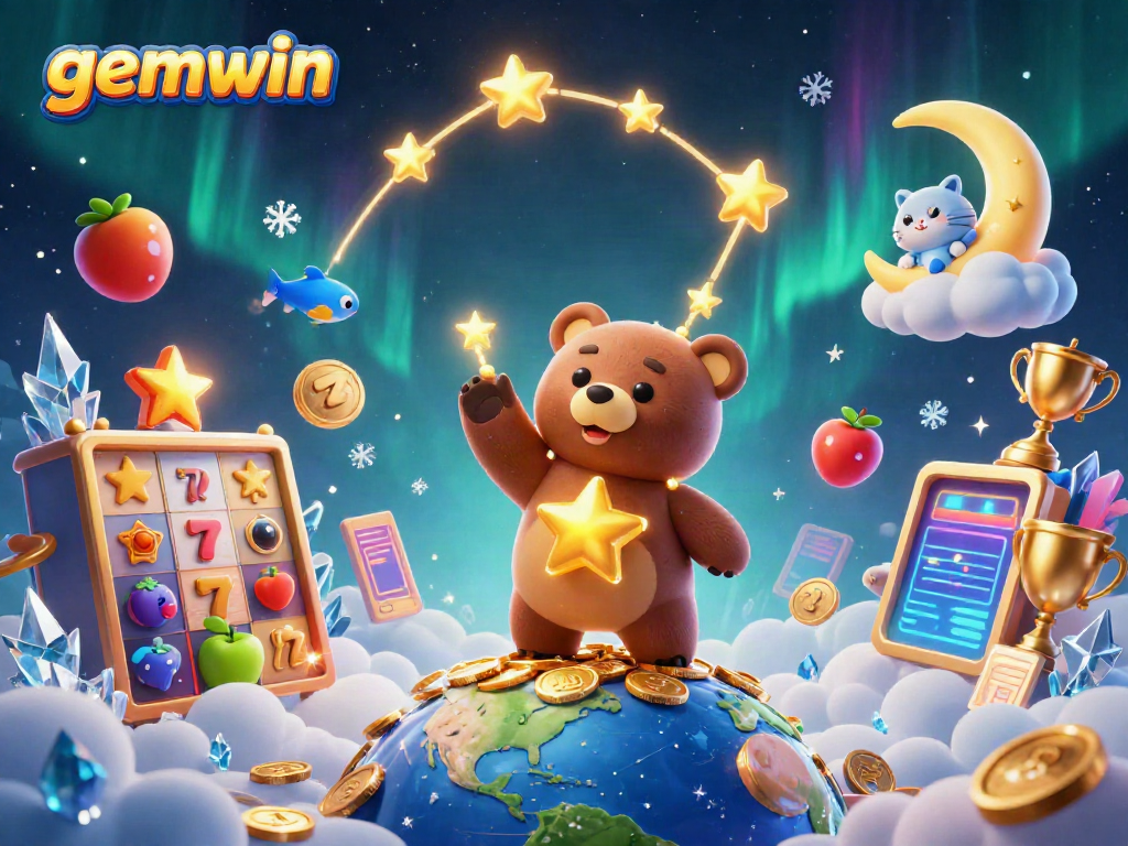 Experience gemwin magic as the constellation bear scoops coins in a vibrant, dynamic casino scene.