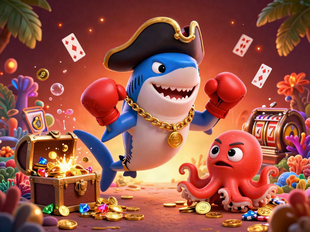 Engage with Kèo nhà cái's online betting action, highlighted by a lively shark and friends amidst vibrant casino elements.