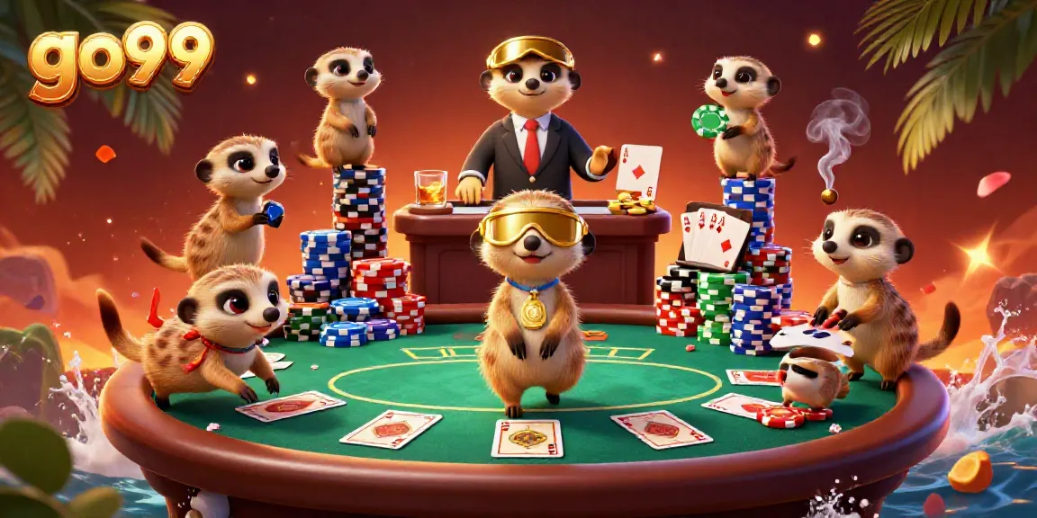 Go99 casino meerkats managing a vibrant poker scene, showcasing lively gameplay and colorful elements.