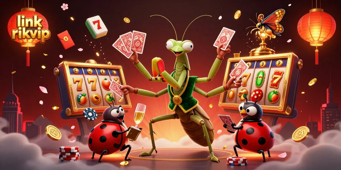 Experience the thrill of link rikvip with a dynamic casino scene featuring a giant mantis and ladybug.