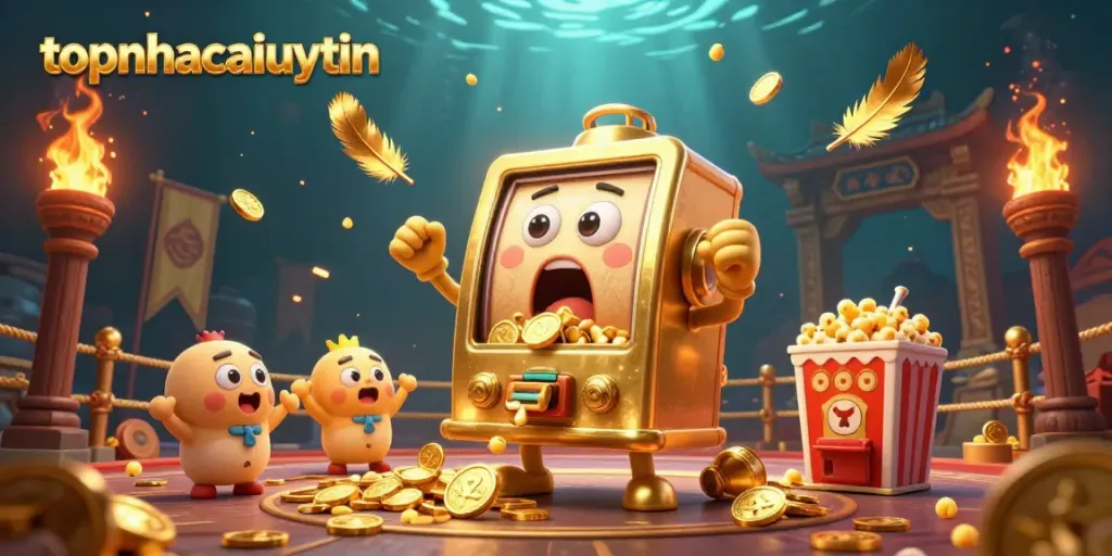 Engaging scene featuring the topnhacaiuytin slot machine joyfully hitting a jackpot with coins pouring out, surrounded by cheering slot machines and golden kernels.