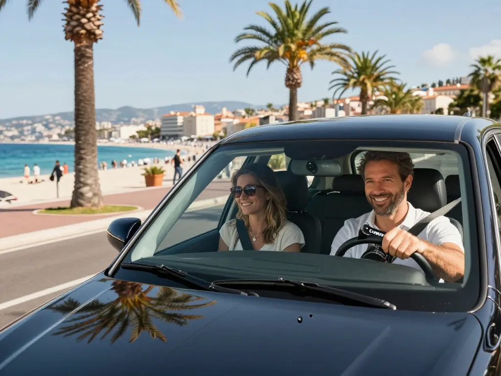 Taxis à Saint-Tropez avec un chauffeur souriant et un paysage pittoresque de la Côte d'Azur