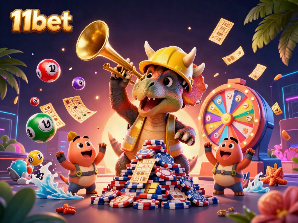Experience thrilling entertainment with 11bet's vibrant casino scene featuring colorful elements and dynamic characters.