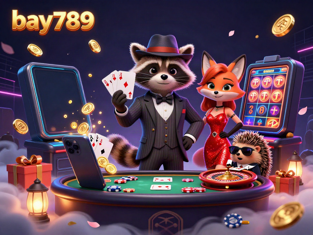 Engage with bay789's vibrant casino scene featuring a raccoon, fox, and hedgehog in a thrilling game atmosphere.