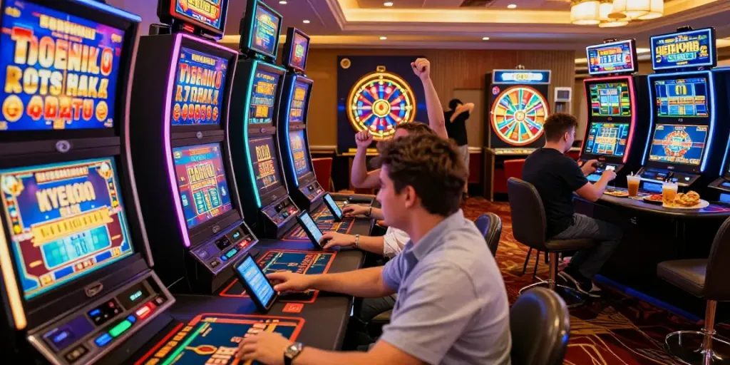 Pengunjung casino online menikmati slot88 dan merayakan kemenangan di lingkungan yang cerah.