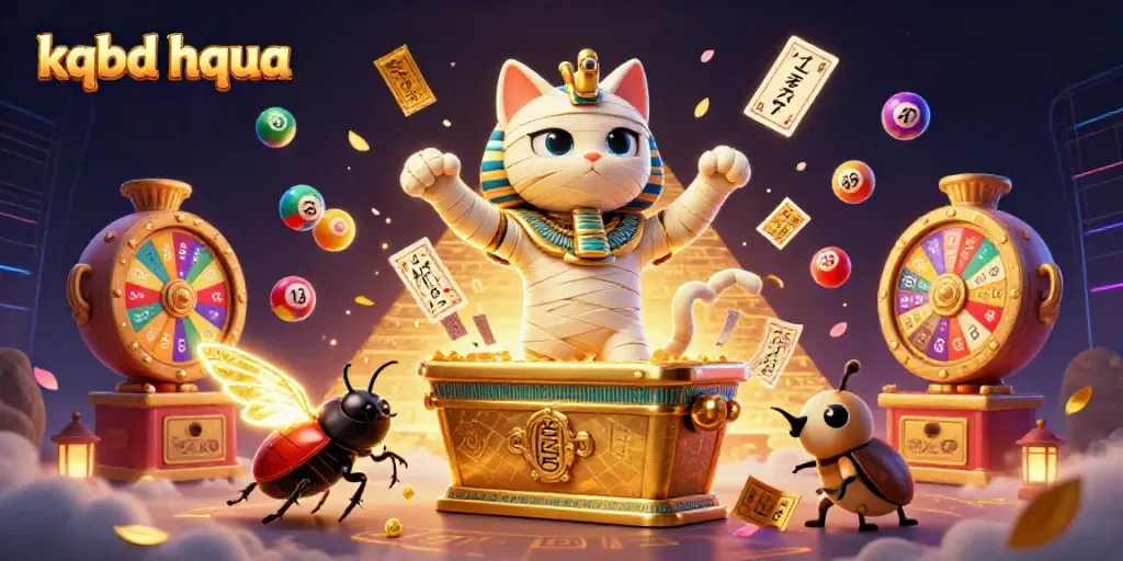 KQBD hqua reveals thrilling lottery action, with a cartoon mummy cat and vibrant elements in a dynamic casino scene.