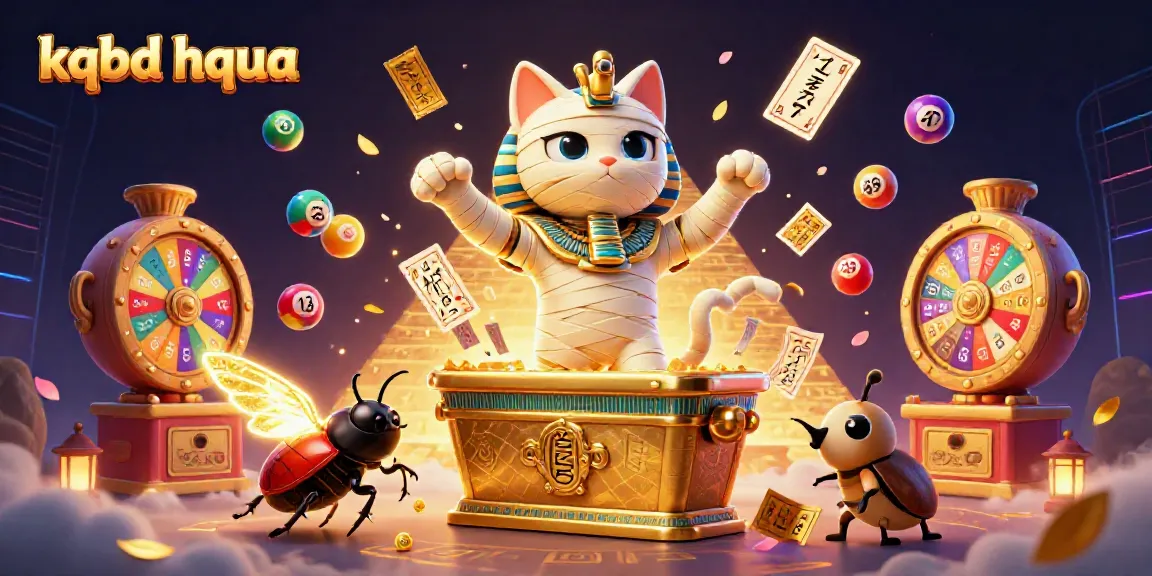 KQBD hqua reveals thrilling lottery action, with a cartoon mummy cat and vibrant elements in a dynamic casino scene.