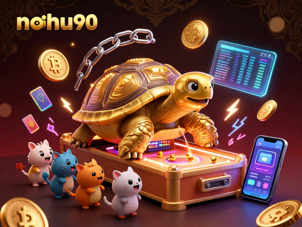 Nohu90 showcases excited players around a golden tortoise pinball machine, integrating crypto elements in a lively casino scene.