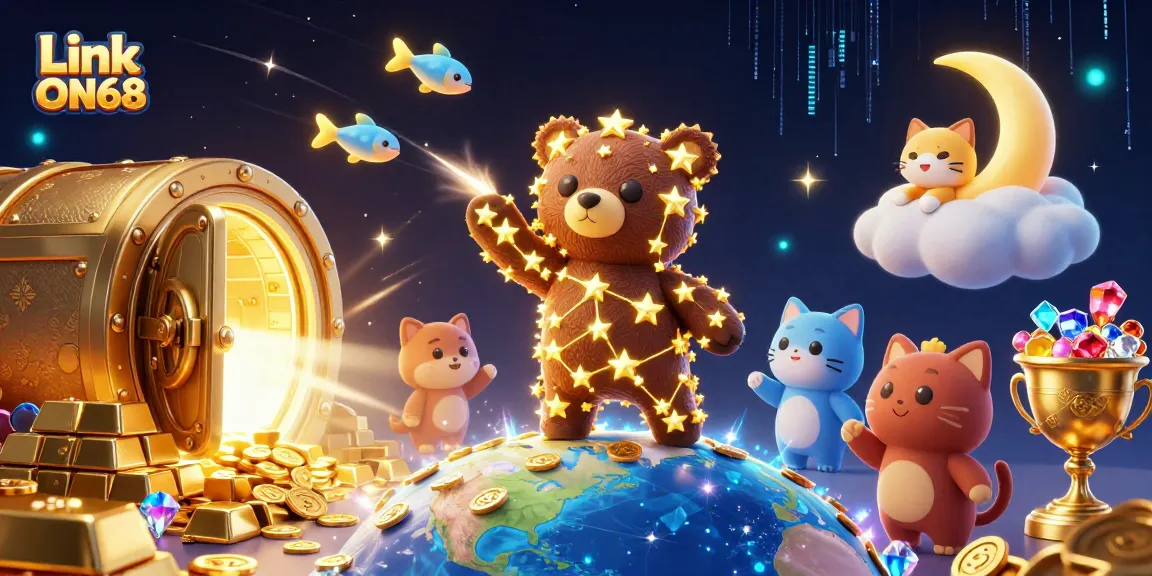Engage with the magical world of Link ON68 as a constellation bear scoops coins amidst a vibrant casino.
