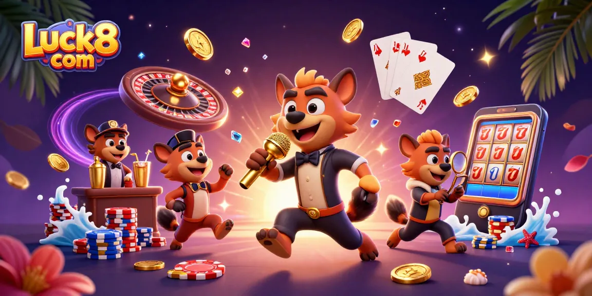 Engaging 3D illustration of Luck8 com featuring hyenas themed casino with exciting gaming elements