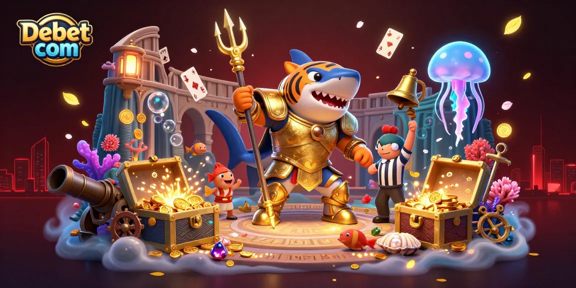 Engage with the elite gaming experience at Debet com as a shark warrior thrives in an underwater colosseum.