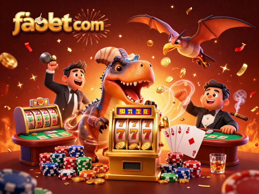 Catch the excitement of fabet com as a 3D cartoon pachycephalosaurus hits the jackpot in a vibrant casino scene.