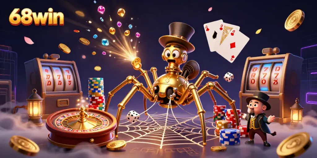 Experience thrilling gameplay with 68win, featuring a golden spider and Victorian gentleman in a vibrant casino scene.