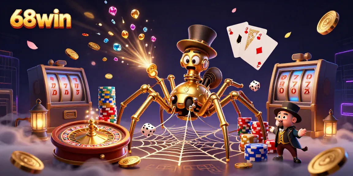 Experience thrilling gameplay with 68win, featuring a golden spider and Victorian gentleman in a vibrant casino scene.