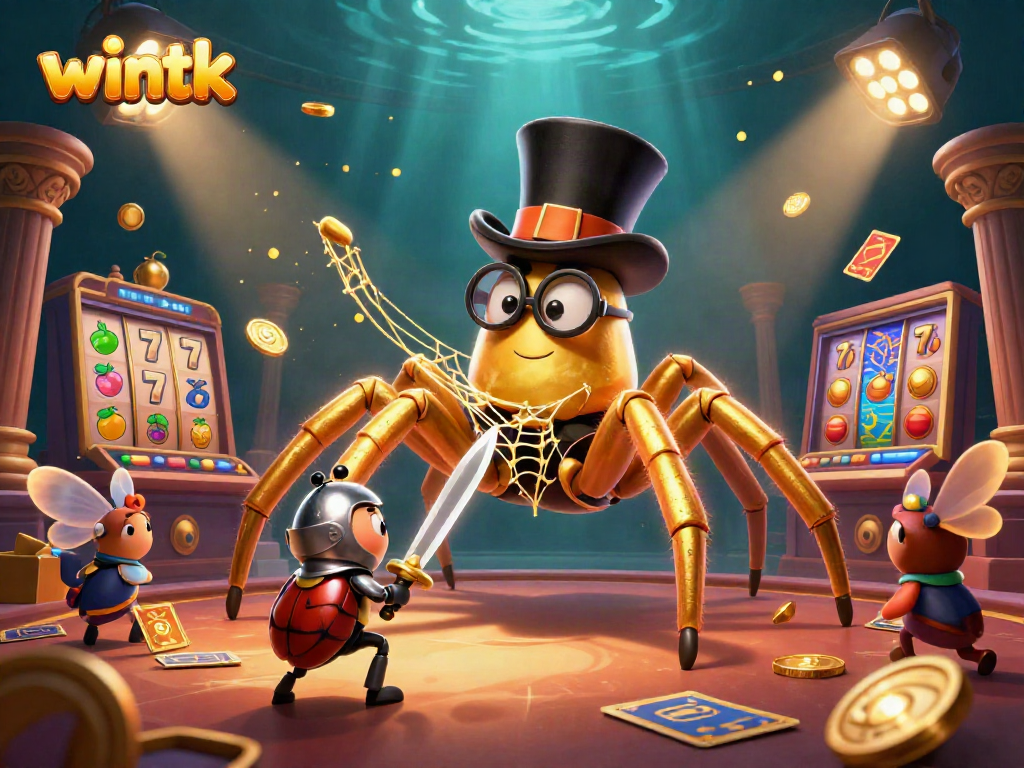 Experience the excitement of wintk with a dynamic casino scene featuring a golden tarantula, beetle knight, and slot elements.