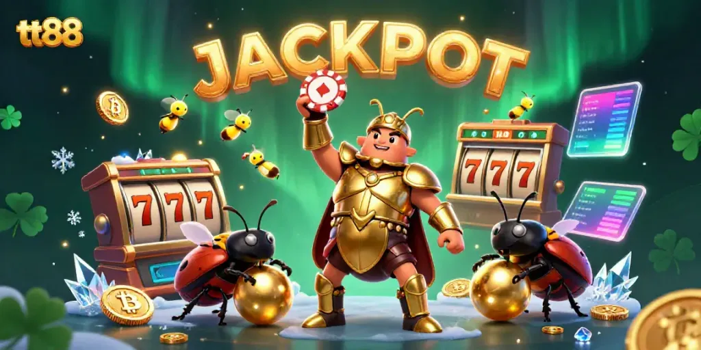 Experience winning at tt88 with a victorious beetle lifting a poker chip amidst jackpot elements.