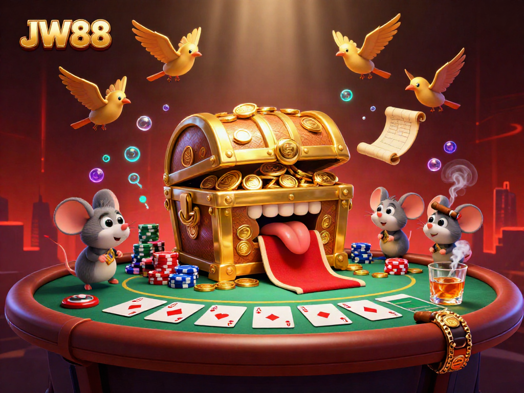 Adventure with JW88 as cartoon mice are drawn to a golden treasure chest amidst vibrant casino elements.