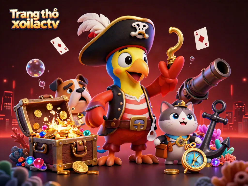Experience the thrilling action of Trang chủ xoilactv with a colorful 3D pirate scene depicting exciting treasure hunts.