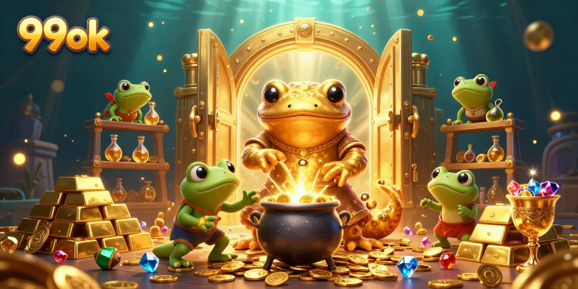 Win big at 99ok with a vibrant scene of gold and gaming excitement, showcasing a rich fantasy atmosphere.