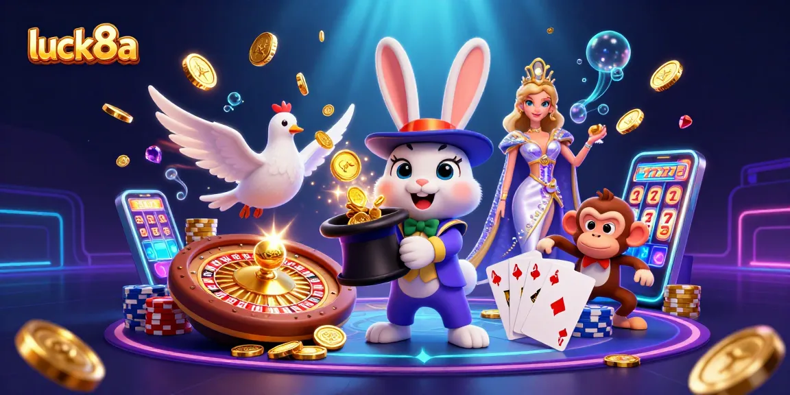 Engage with luck8a's thrilling online casino experience with vibrant illustrations of casino elements and characters.