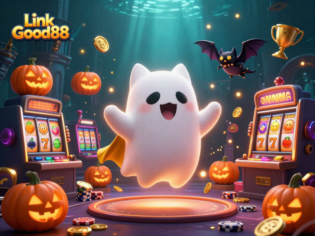 Engage with slot gaming elements at Link Good88 featuring a ghost cat and vampire bat in a haunted casino.