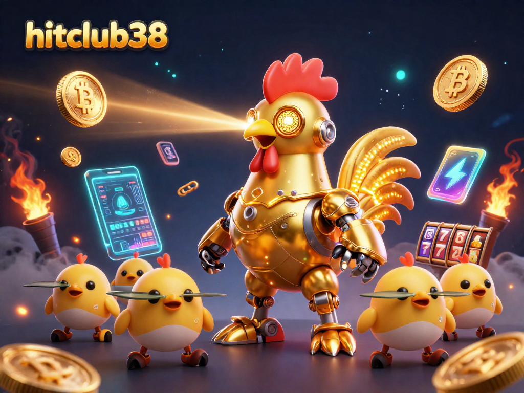 Engage in thrilling gameplay at hitclub38 with a retro futuristic golden rooster and baby chick drones amidst dynamic casino elements.