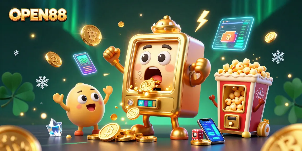 OPEN88 slot machine celebrates a jackpot, surrounded by crypto coins and vibrant casino elements.
