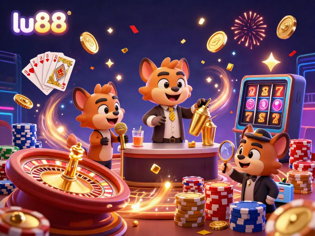 Engage with thrilling gaming at lu88, featuring vibrant characters in a dynamic comedy casino scene.