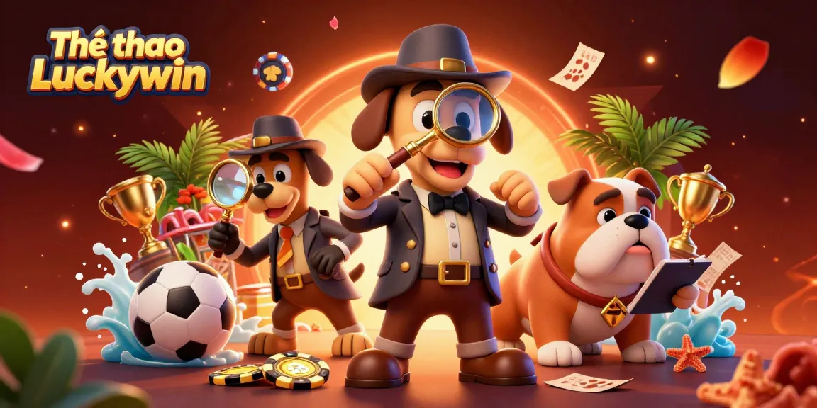 Thể thao Luckywin betting scene with a detective examining a poker clue amidst dynamic sports elements.