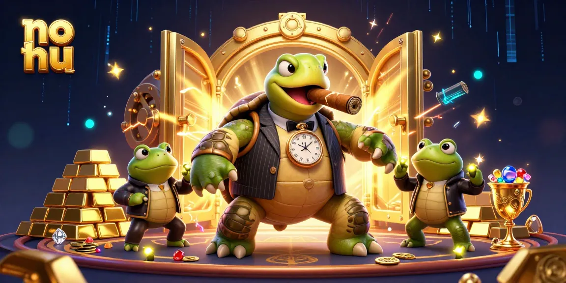 Spin and win at no hu with a vibrant casino scene featuring cartoon turtle and bullfrogs amidst treasure.