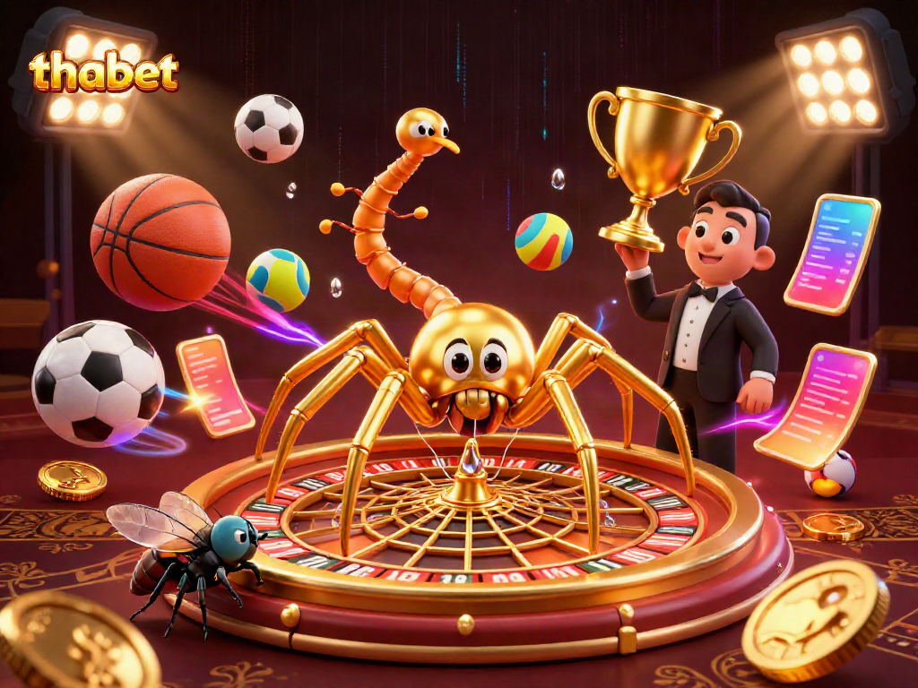 Engage in thrilling bets at Thabet Casino, highlighted by a golden web and animated characters.