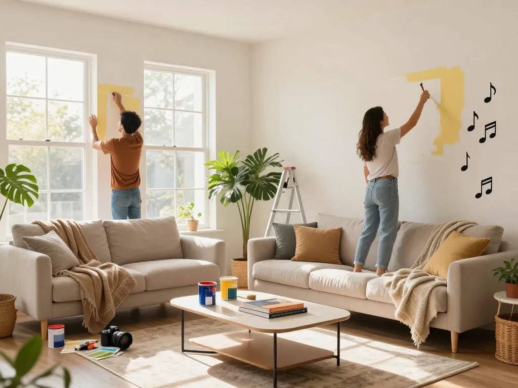 Betrokken huisrenovatie-activiteit waarbij een stel aan het schilderen is in hun woonkamer, met de nadruk op verbouwing en verhuizing Utrecht.