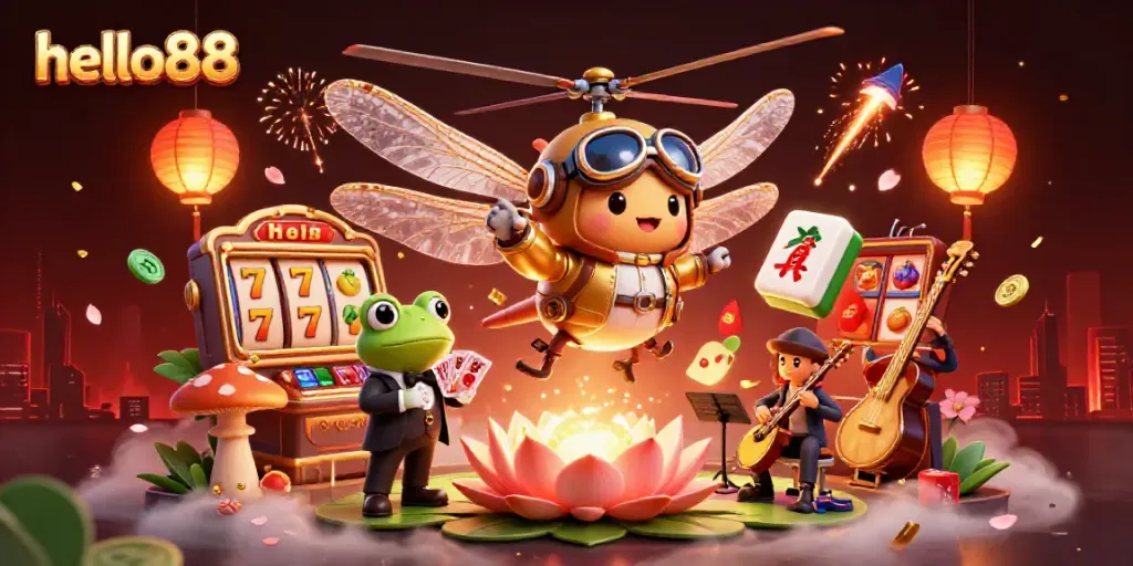 Engage in exciting gameplay at Hello88 with vibrant casino elements surrounded by whimsical characters.