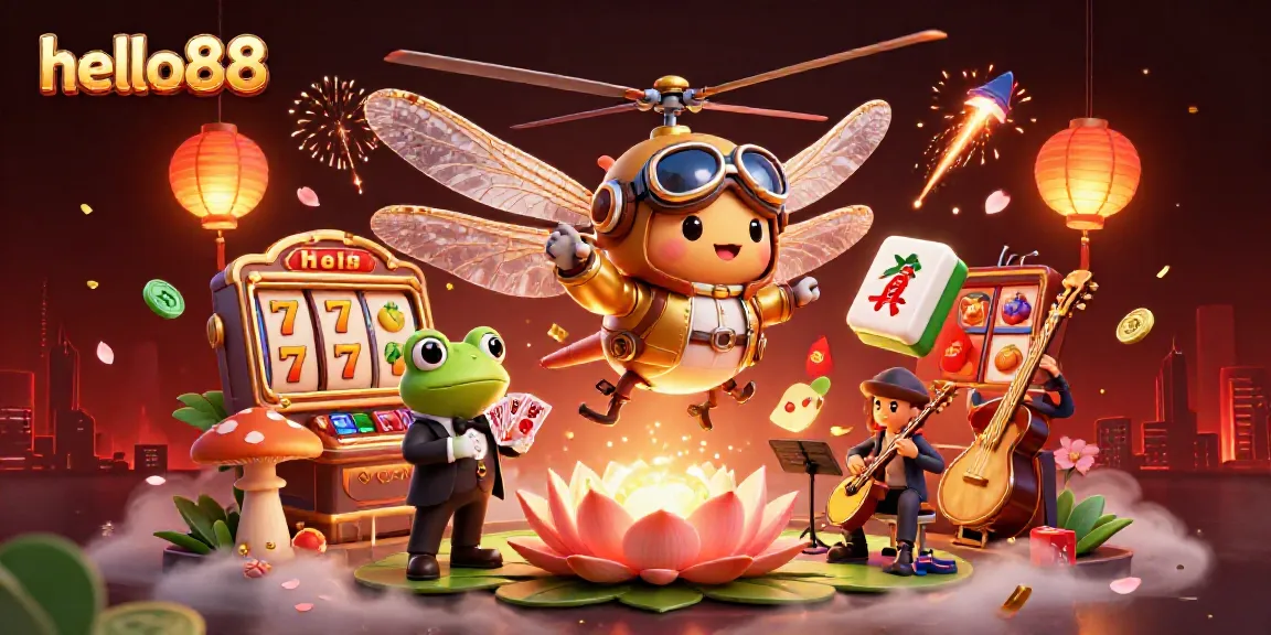 Engage in exciting gameplay at Hello88 with vibrant casino elements surrounded by whimsical characters.