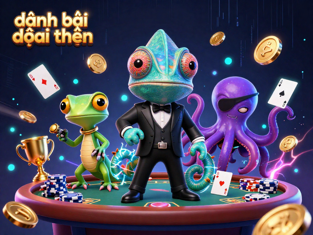 Engage in đánh bài đổi thưởng with vibrant characters and dynamic poker elements showcased in a rich, detailed scene.