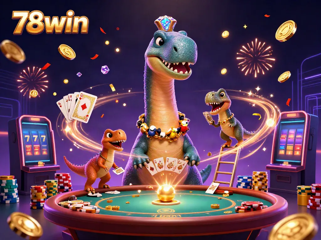 Experience the thrilling world of 78win with giant dinosaur characters and dynamic casino elements.