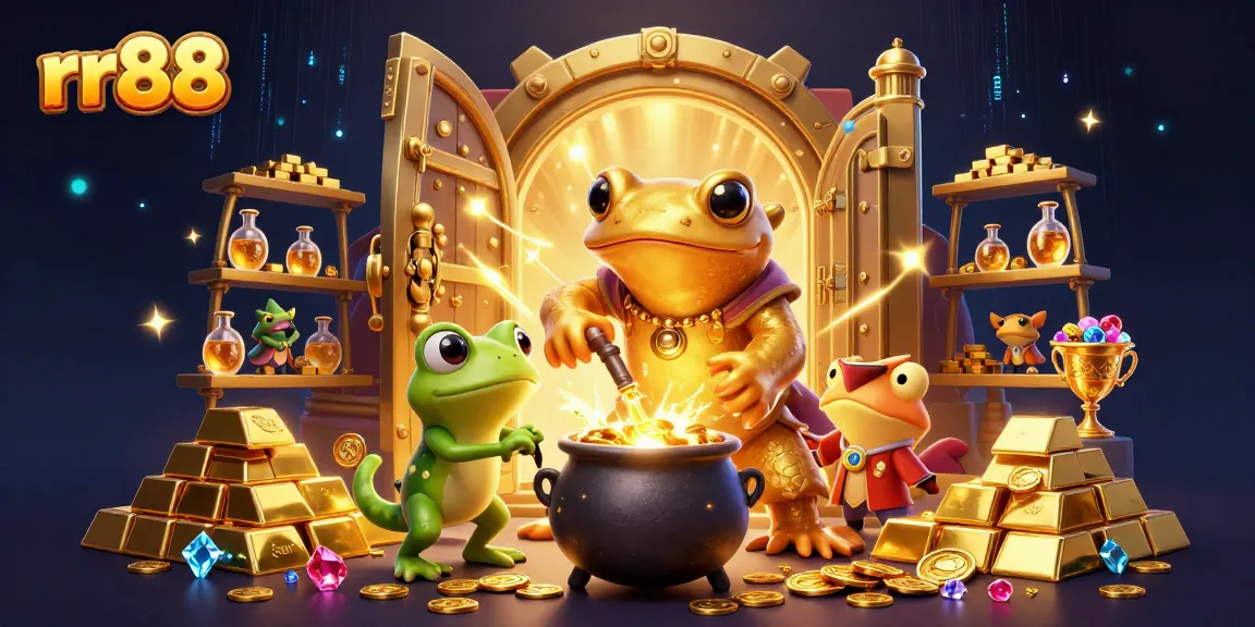 Engage with rr88 in a vibrant 3D casino scene filled with gold, coins, and magical elements.