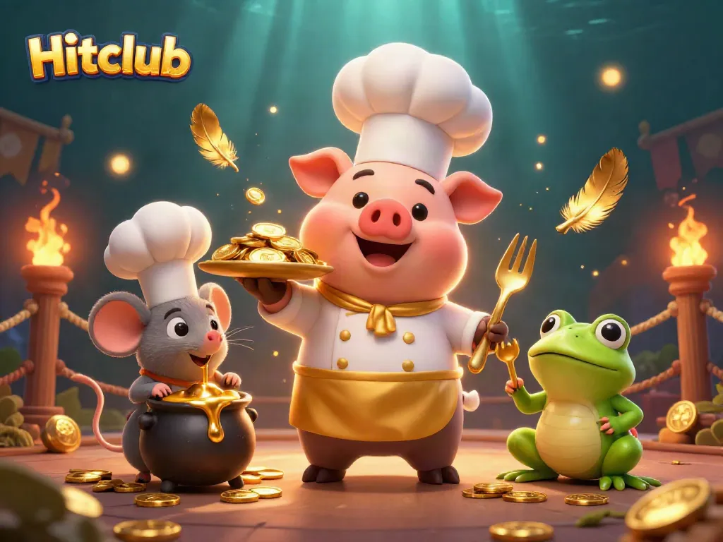 Hitclub showcases an engaging 3D casino scene with gold coins, characters, and gambling elements.