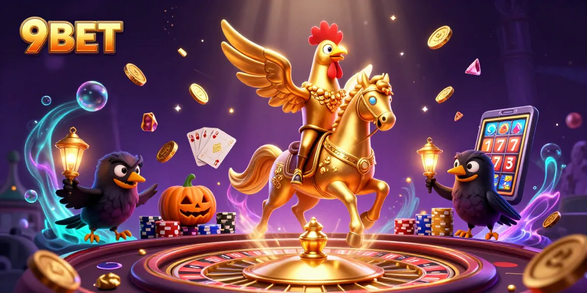 Experience thrilling gaming adventures with 9BET at a vibrant casino scene illustrated in detail.